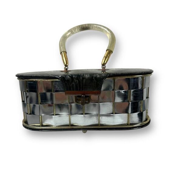 Vintage Handbags - Vintage Woven Metal Basket Purse Top Handle Silver Tone Avante Garde Steampunk